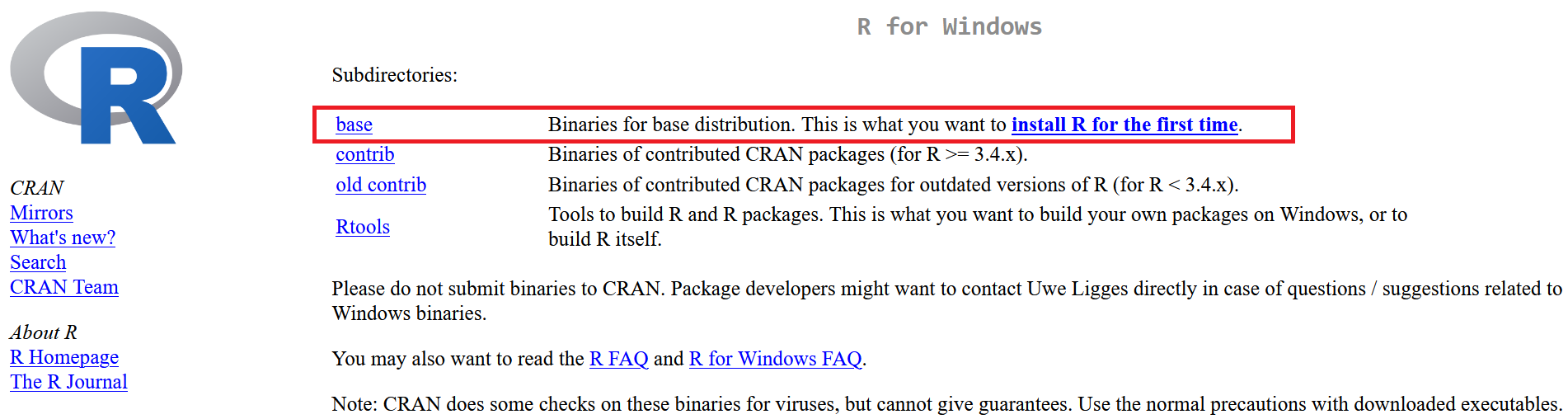 Screenshot von einem Unterverzeichnis für R auf Windows der Website CRAN. Relativ weit oben wird mit einem roten Rahmen der Link für die „base“ Version mit der Beschriftung „install R for the first time.“ hervorgehoben.