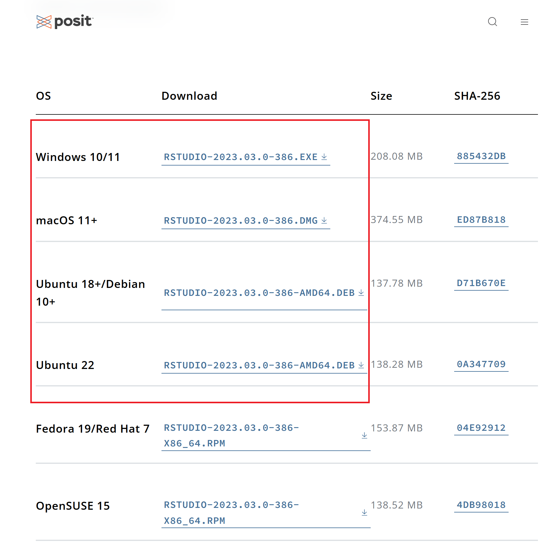 Screenshot von der Downloadseite für RStudio auf der Website posit.co. Mit einem roten Rahmen werden die Links zu den unterschiedlichen Betriebssystemen (Linux, Windows oder macOS) hervorgehoben.