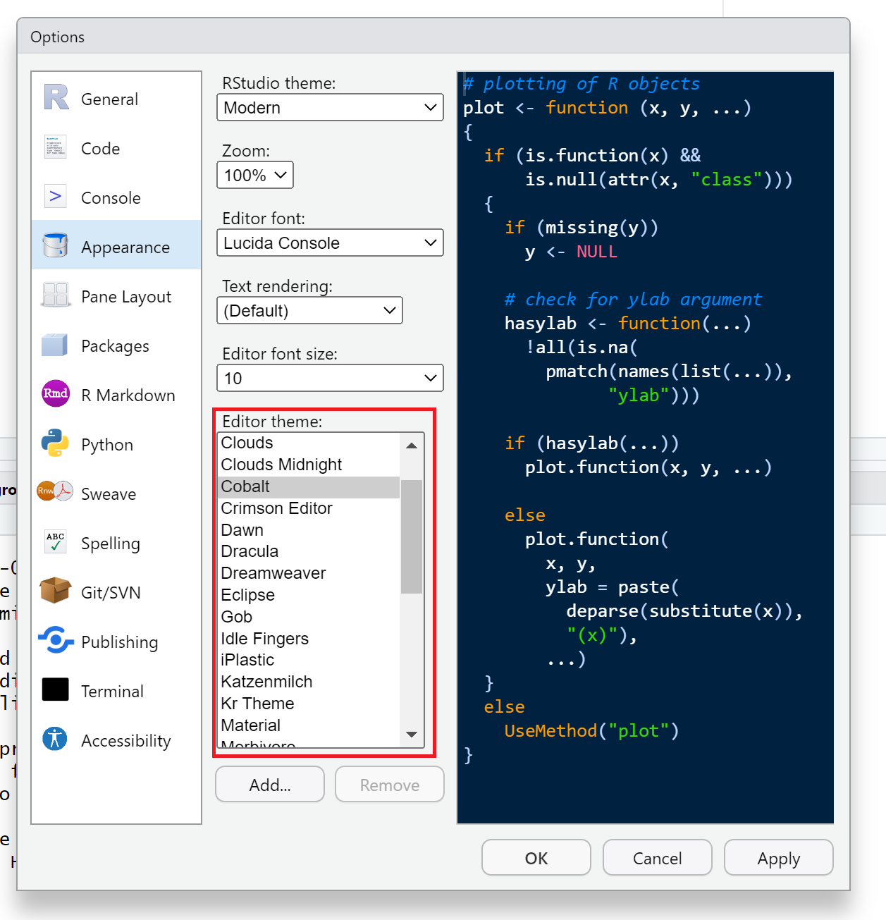 Screenshot RStudio Editor theme