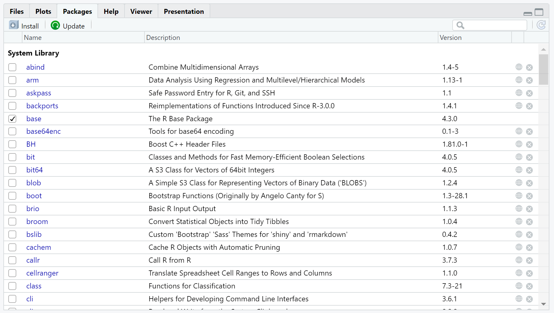 Screenshot RStudio: Files-, Plots-, Packages-, Help-, Viewer-, Presentationfenster