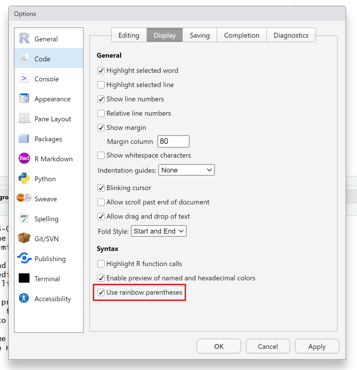 Screenshot RStudio rainbow parentheses