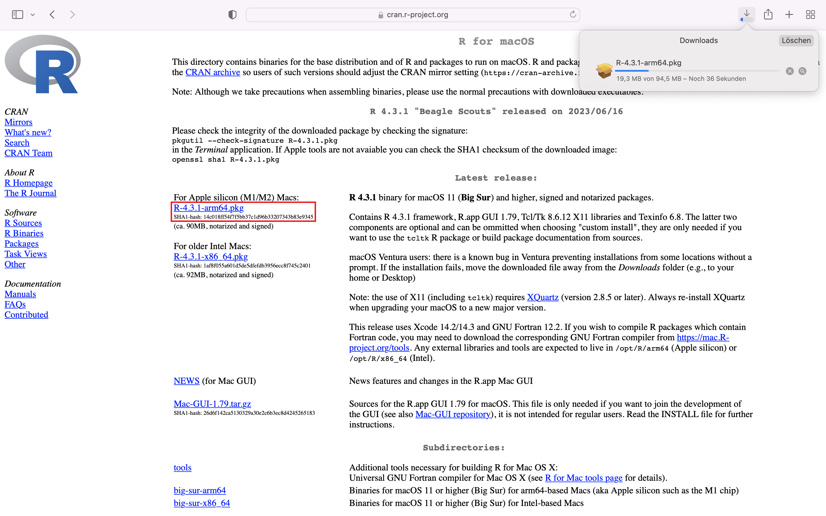 Screenshot von einem Unterverzeichnis für R auf macOS der Website CRAN. In der Mitte wird mit einem roten Rahmen der Link für die „Big Sur“ Version mit der Beschriftung „R-4.3.1-arm64.pkg“ hervorgehoben.